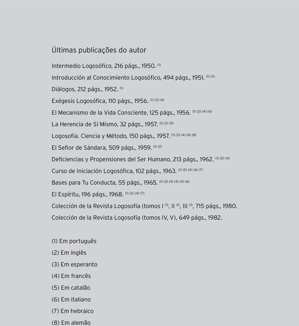 (1) (2) (4) (6) (8) Logosofía. Ciencia y Método, 150 págs., 1957. (1) (2) El Señor de Sándara, 509 págs., 1959. (1) (2) (4) Deficiencias y Propensiones del Ser Humano, 213 págs., 1962.