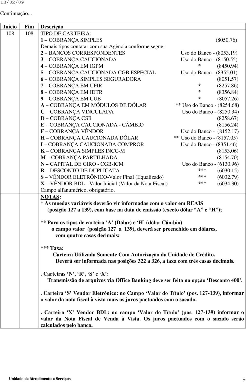 57) 7 COBRANÇA EM UFIR * (8257.86) 8 COBRANÇA EM IDTR * (8356.84) 9 COBRANÇA EM CUB * (8057.26) A COBRANÇA EM MÓDULOS DE DÓLAR ** Uso do Banco - (8254.68) C COBRANÇA VINCULADA Uso do Banco - (8250.