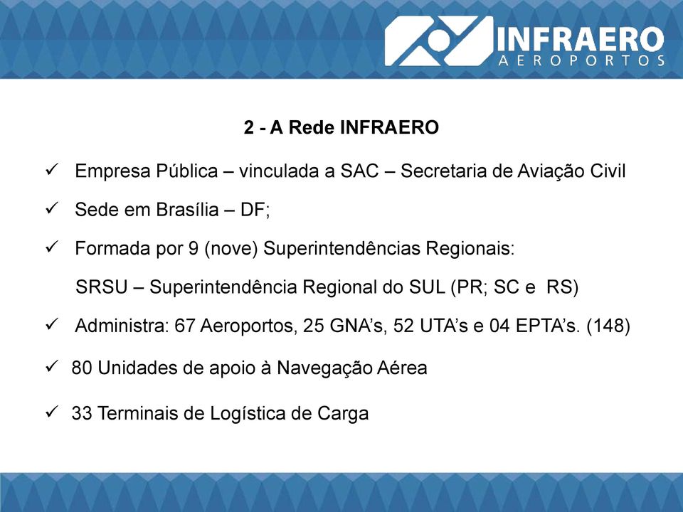 Superintendência Regional do SUL (PR; SC e RS) Administra: 67 Aeroportos, 25 GNA s,