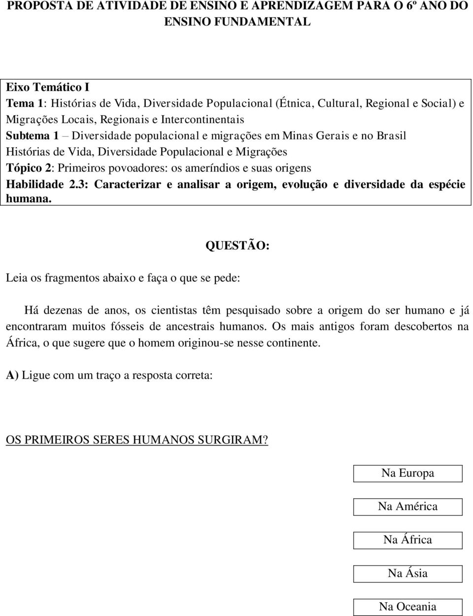 povoadores: os ameríndios e suas origens Habilidade 2.3: Caracterizar e analisar a origem, evolução e diversidade da espécie humana.