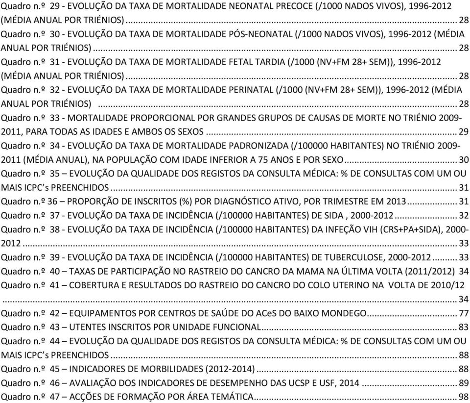º 31 - EVOLUÇÃO DA TAXA DE MORTALIDADE FETAL TARDIA (/1000 (NV+FM 28+ SEM)), 1996-2012 (MÉDIA ANUAL POR TRIÉNIOS)... 28 Quadro n.