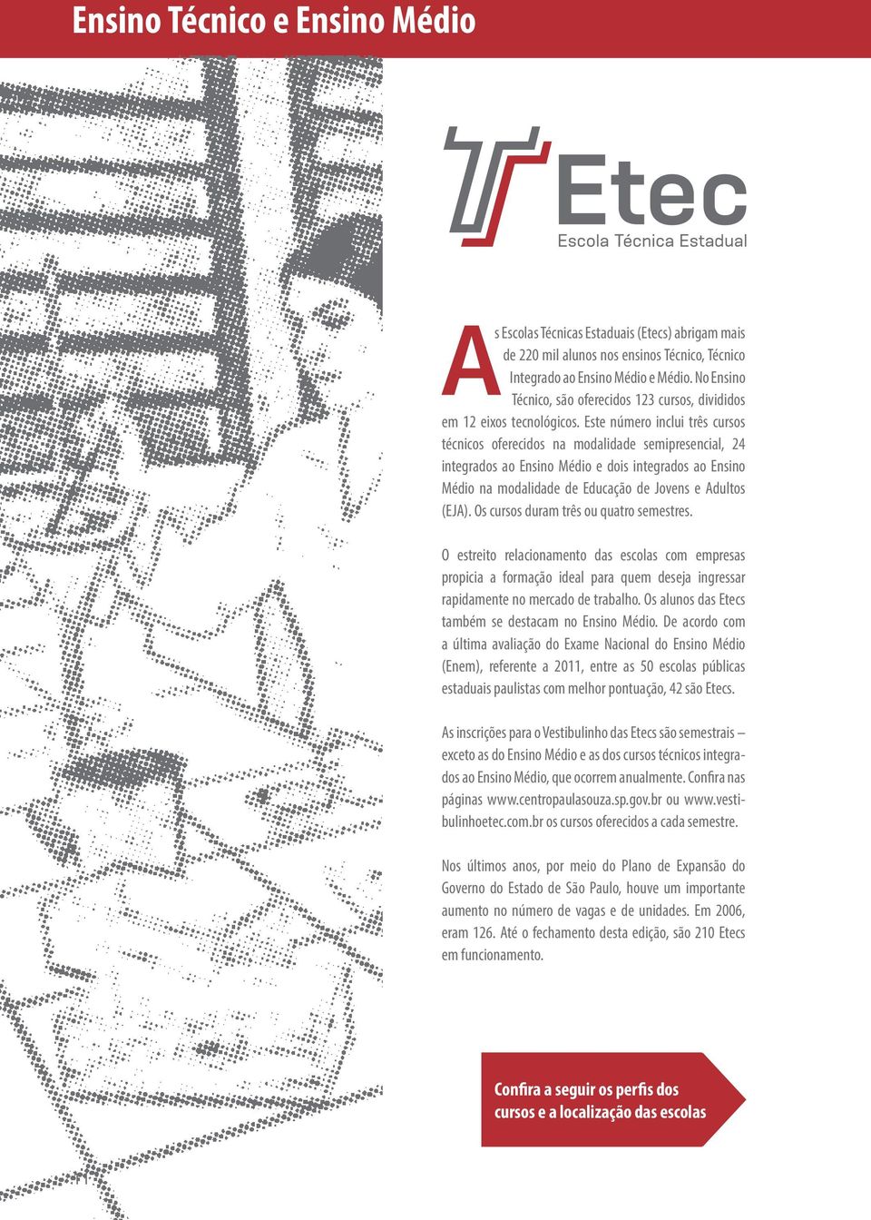 Este número inclui três cursos técnicos oferecidos na modalidade semipresencial, 24 integrados ao Ensino Médio e dois integrados ao Ensino Médio na modalidade de Educação de Jovens e Adultos (EJA).