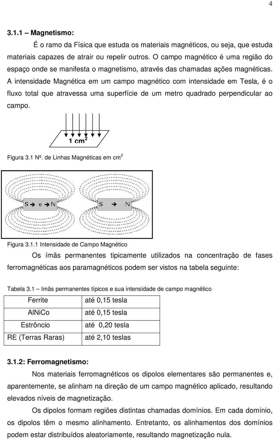 A intensidade Magnética em um campo magnético com intensidade em Tesla, é o fluxo total que atravessa uma superfície de um metro quadrado perpendicular ao campo. 1 cm 2 Figura 3.1 Nº.