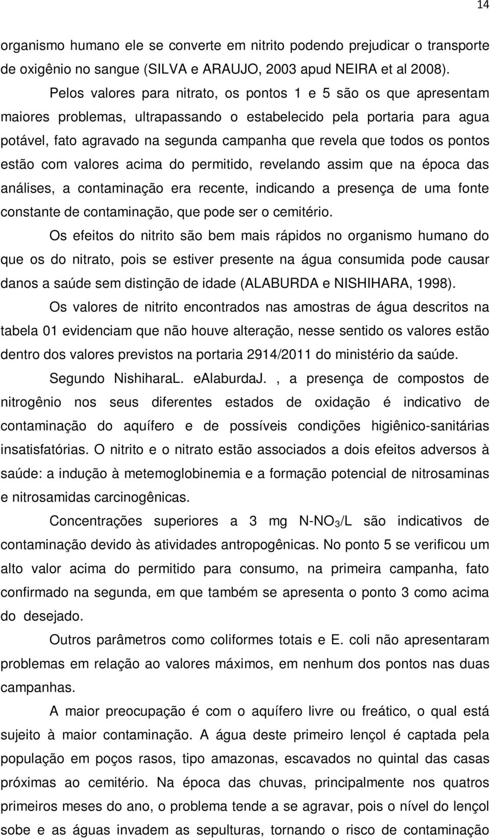 todos os pontos estão com valores acima do permitido, revelando assim que na época das análises, a contaminação era recente, indicando a presença de uma fonte constante de contaminação, que pode ser