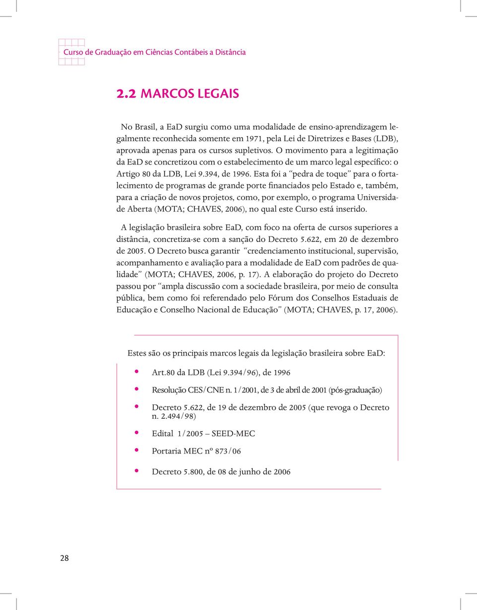 supletivos. O movimento para a legitimação da EaD se concretizou com o estabelecimento de um marco legal específico: o Artigo 80 da LDB, Lei 9.394, de 1996.