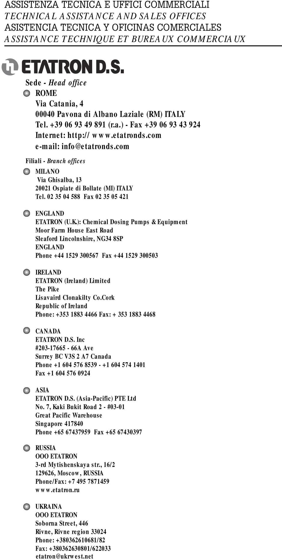 com Filiali - Branch offices MILANO Via Ghisalba, 13 20021 Ospiate di Bollate (MI) ITALY Tel. 02 35 04 588 Fax 02 35 05 421 ENGLAND ETATRON (U.K.