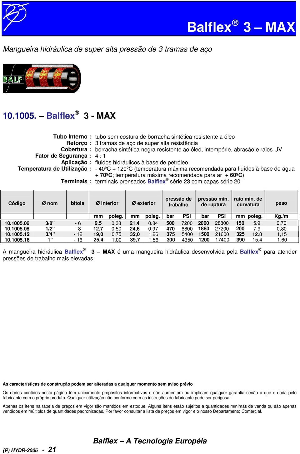 120ºC (temperatura máxima recomendada para fluídos à base de água + 70ºC; temperatura máxima recomendada para ar + 60ºC) terminais prensados Balflex série 23 com capas série 20 10.1005.06 3/8-6 9,5 0.