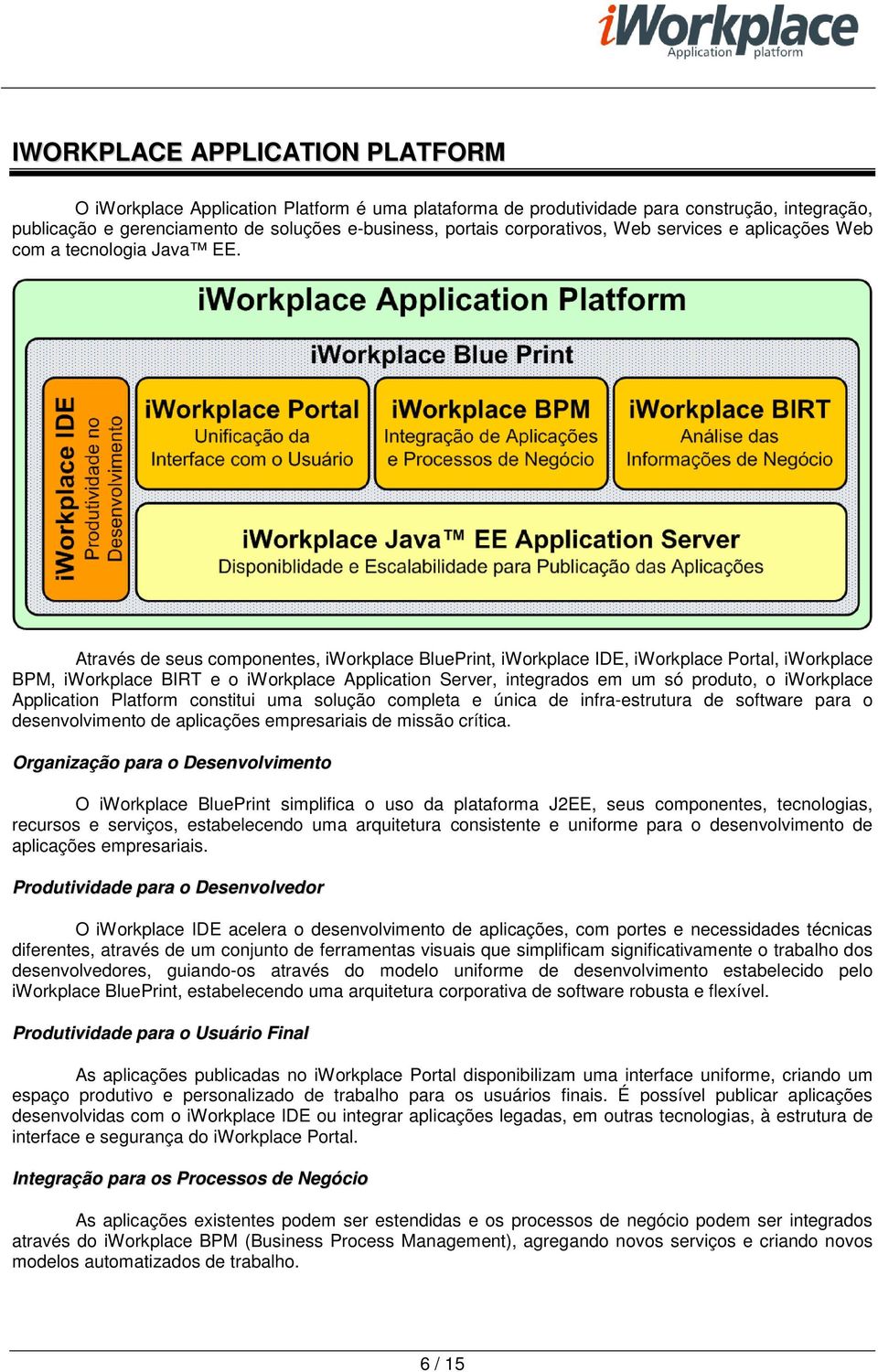 Através de seus componentes, iworkplace BluePrint, iworkplace IDE, iworkplace Portal, iworkplace BPM, iworkplace BIRT e o iworkplace Application Server, integrados em um só produto, o iworkplace