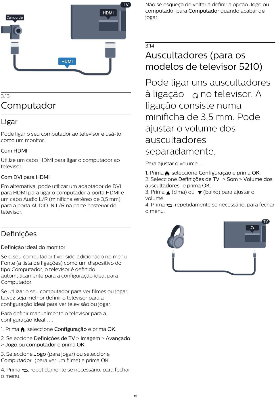 Com DVI para HDMI Em alternativa, pode utilizar um adaptador de DVI para HDMI para ligar o computador à porta HDMI e um cabo Audio L/R (minificha estéreo de 3,5 mm) para a porta AUDIO IN L/R na parte