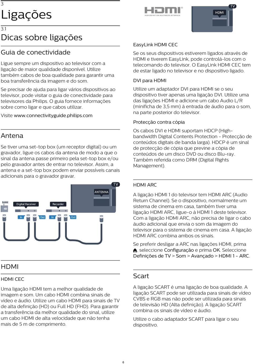 Se precisar de ajuda para ligar vários dispositivos ao televisor, pode visitar o guia de conectividade para televisores da Philips. O guia fornece informações sobre como ligar e que cabos utilizar.