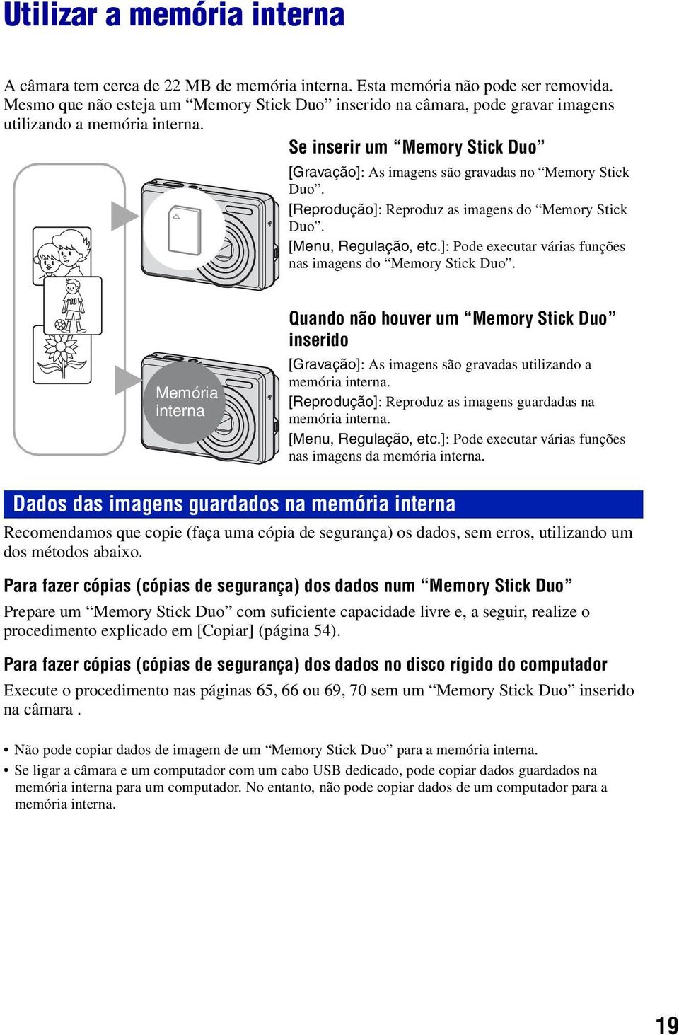 [Reprodução]: Reproduz as imagens do Memory Stick B Duo. [Menu, Regulação, etc.]: Pode executar várias funções nas imagens do Memory Stick Duo.