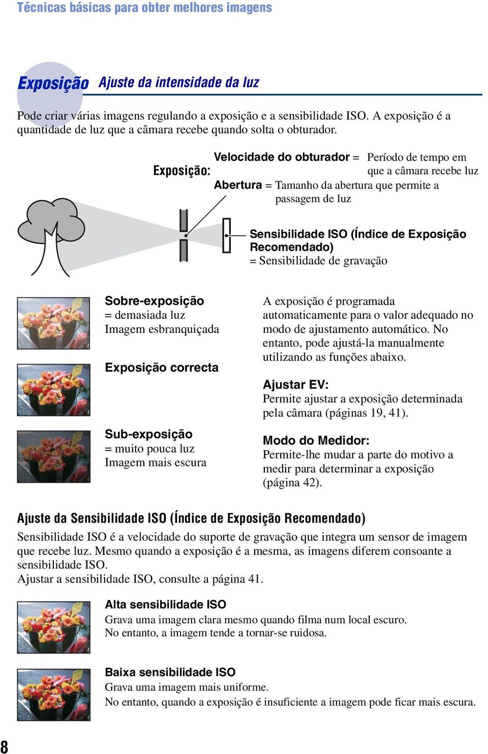 Velocidade do obturador = Período de tempo em Exposição: que a câmara recebe luz Abertura = Tamanho da abertura que permite a passagem de luz Sensibilidade ISO (Índice de Exposição Recomendado) =