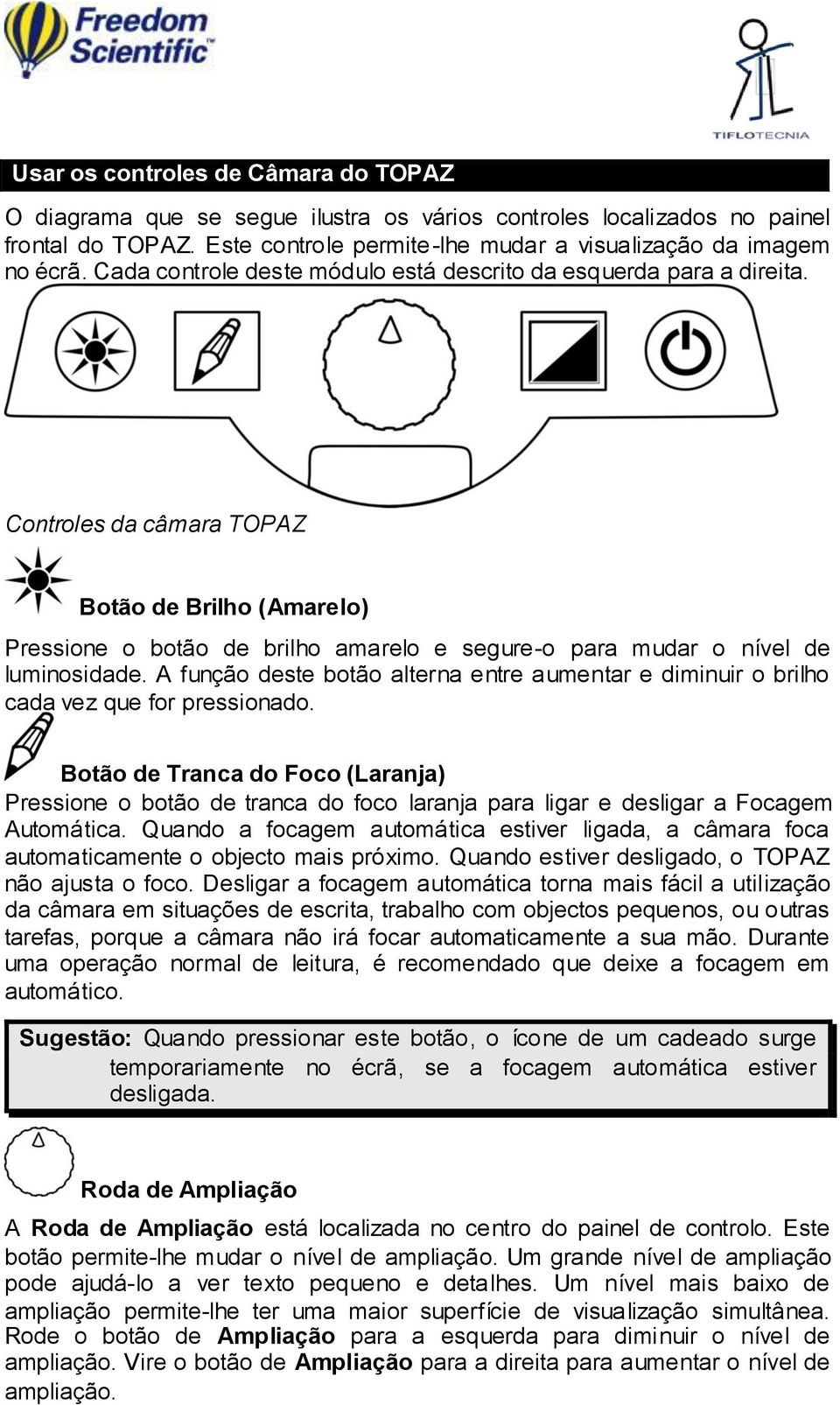 Controles da câmara TOPAZ Botão de Brilho (Amarelo) Pressione o botão de brilho amarelo e segure-o para mudar o nível de luminosidade.