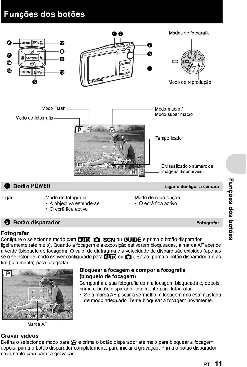 1 Botão o Ligar: 2 Botão disparador Modo de fotografia A objectiva estende-se O ecrã fica activo Modo de reprodução O ecrã fica activo Ligar e desligar a câmara Fotografar Fotografar Configure o