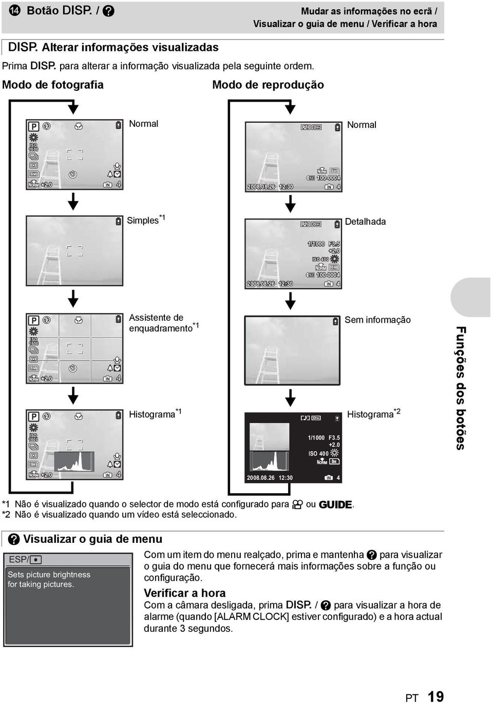 0 IN 4 Assistente de enquadramento *1 Histograma *1 1/1000 ISO 400 F3.5 +2.0 Sem informação Histograma *2 Funções dos botões 8M +2.0 IN 4 2008.