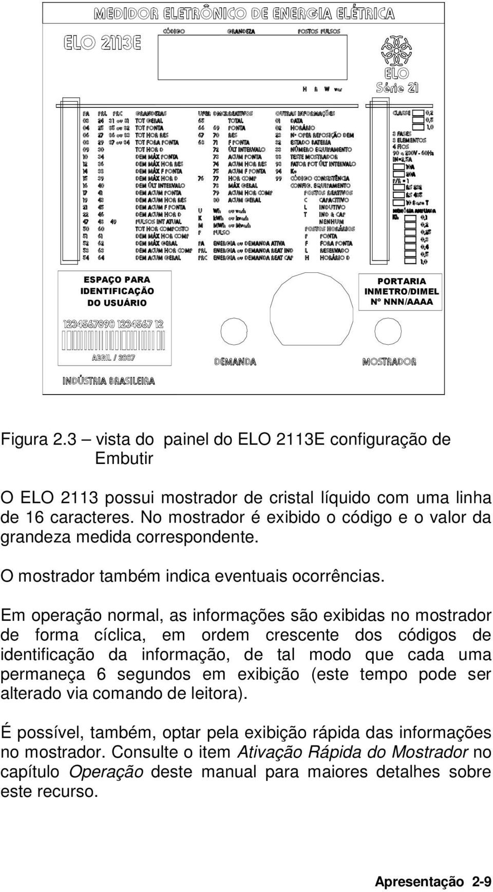 No mostrador é exibido o código e o valor da grandeza medida correspondente. O mostrador também indica eventuais ocorrências.