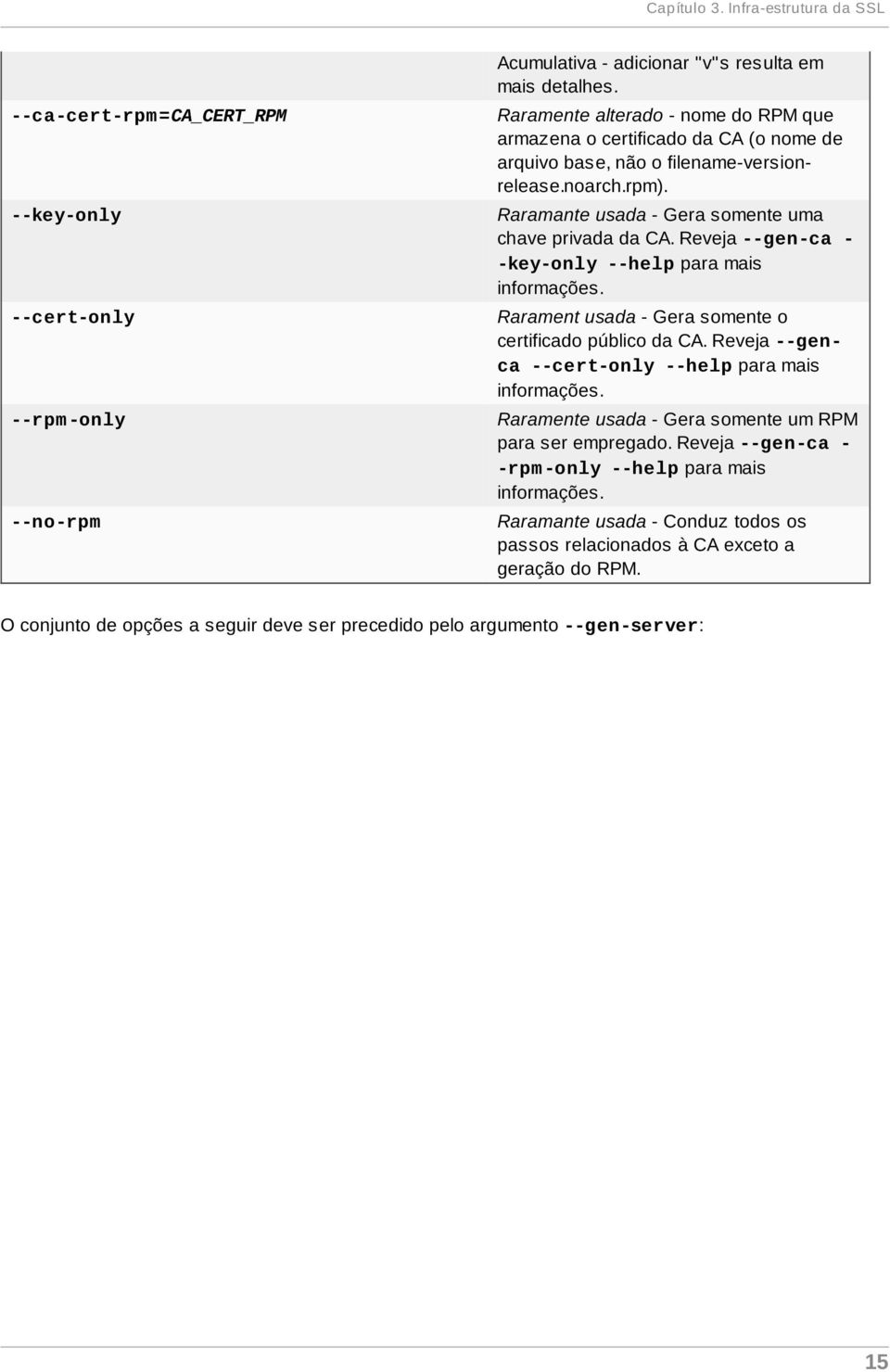 Reveja --gen-ca - -key-only --help para mais informações. Rarament usada - Gera somente o certificado público da CA. Reveja --genca --cert-only --help para mais informações.