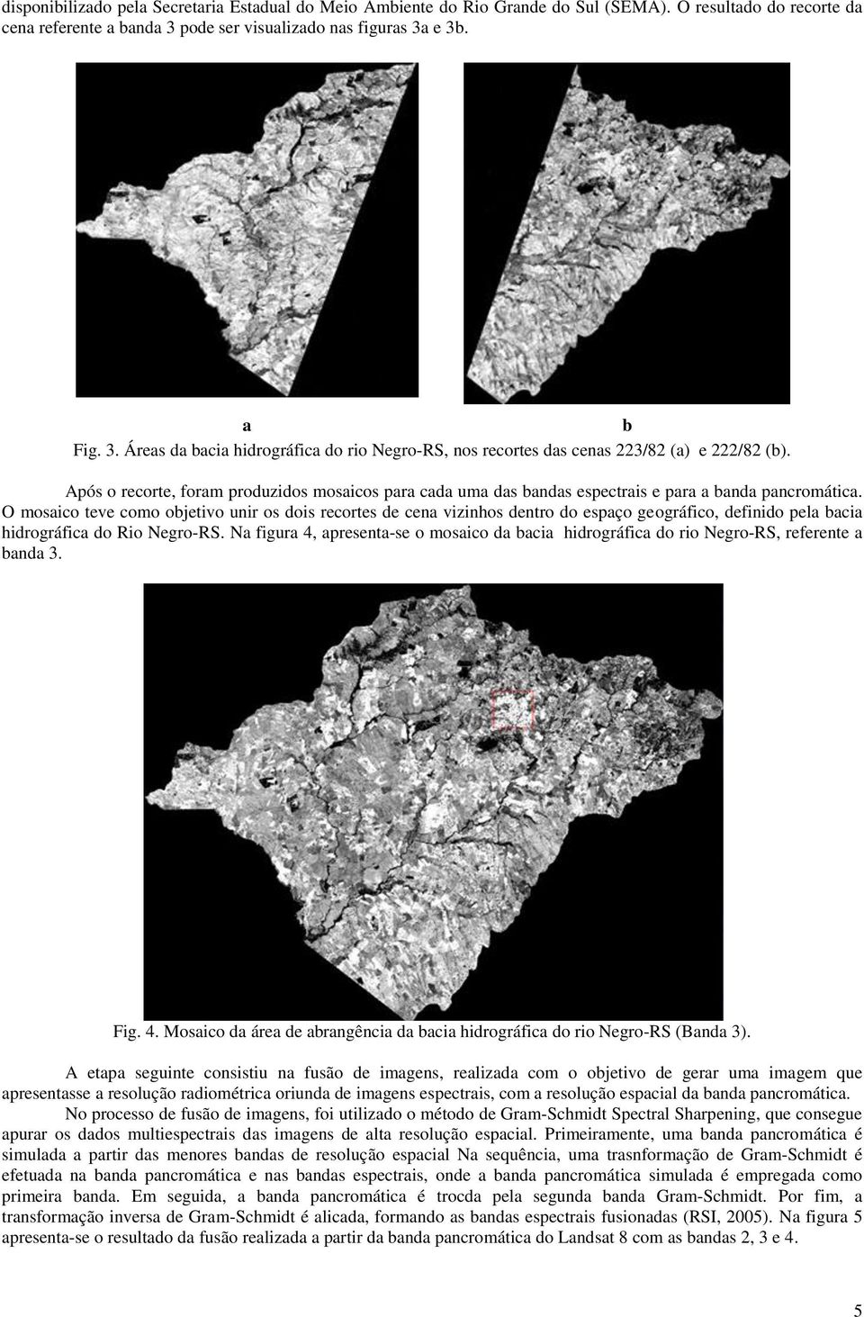 Após o recorte, foram produzidos mosaicos para cada uma das bandas espectrais e para a banda pancromática.