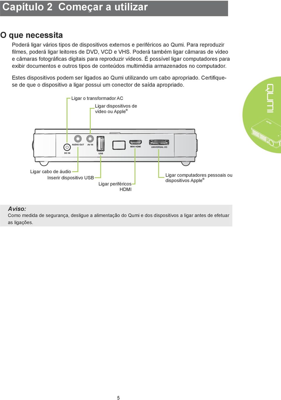 É possível ligar computadores para exibir documentos e outros tipos de conteúdos multimédia armazenados no computador. Estes dispositivos podem ser ligados ao Qumi utilizando um cabo apropriado.