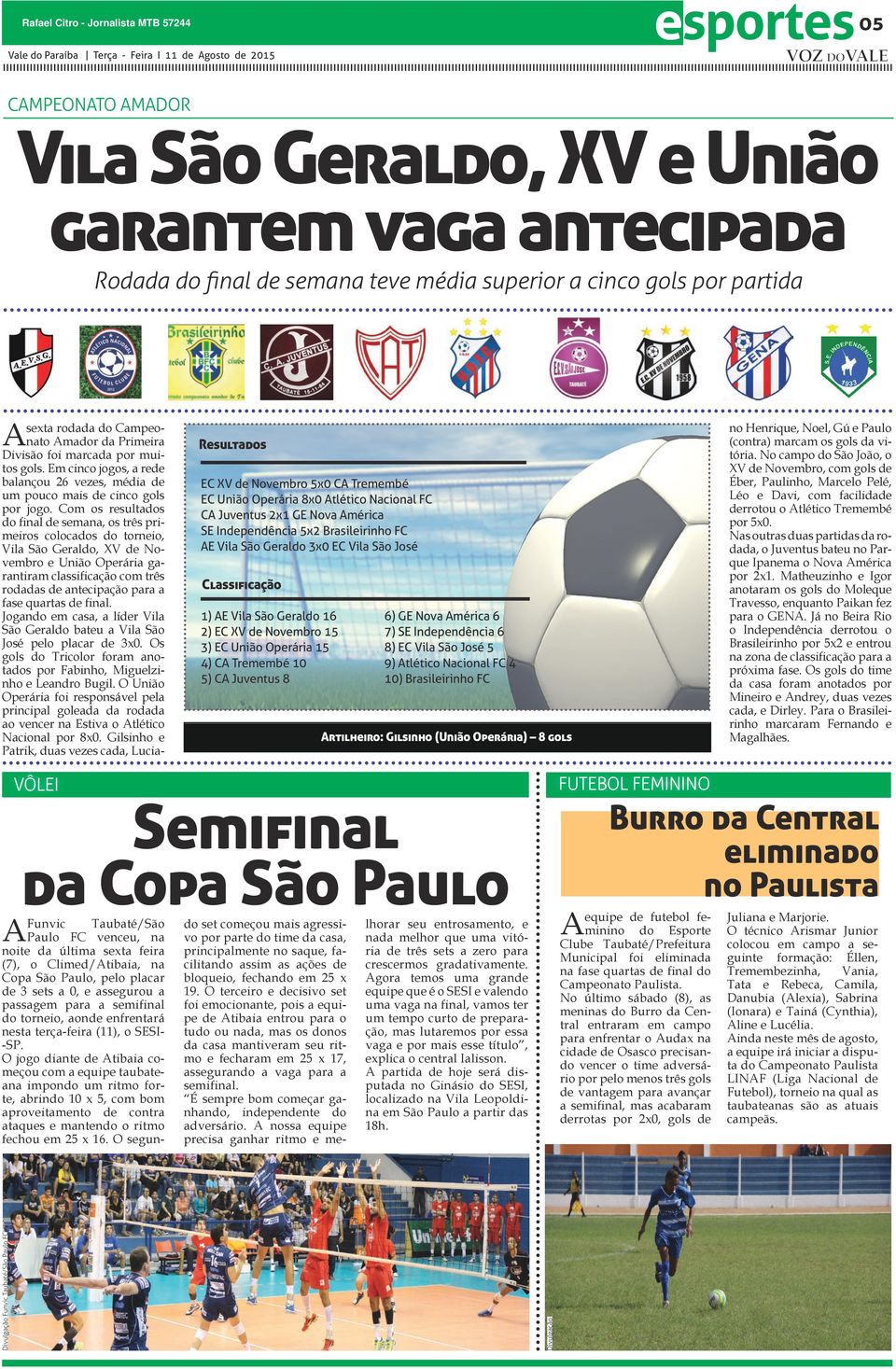 Classificação 1) AE Vila São Geraldo 16 2) EC XV de Novembro 15 3) EC União Operária 15 4) CA Tremembé 10 5) CA Juventus 8 6) GE Nova América 6 7) SE Independência 6 8) EC Vila São José 5 9) Atlético