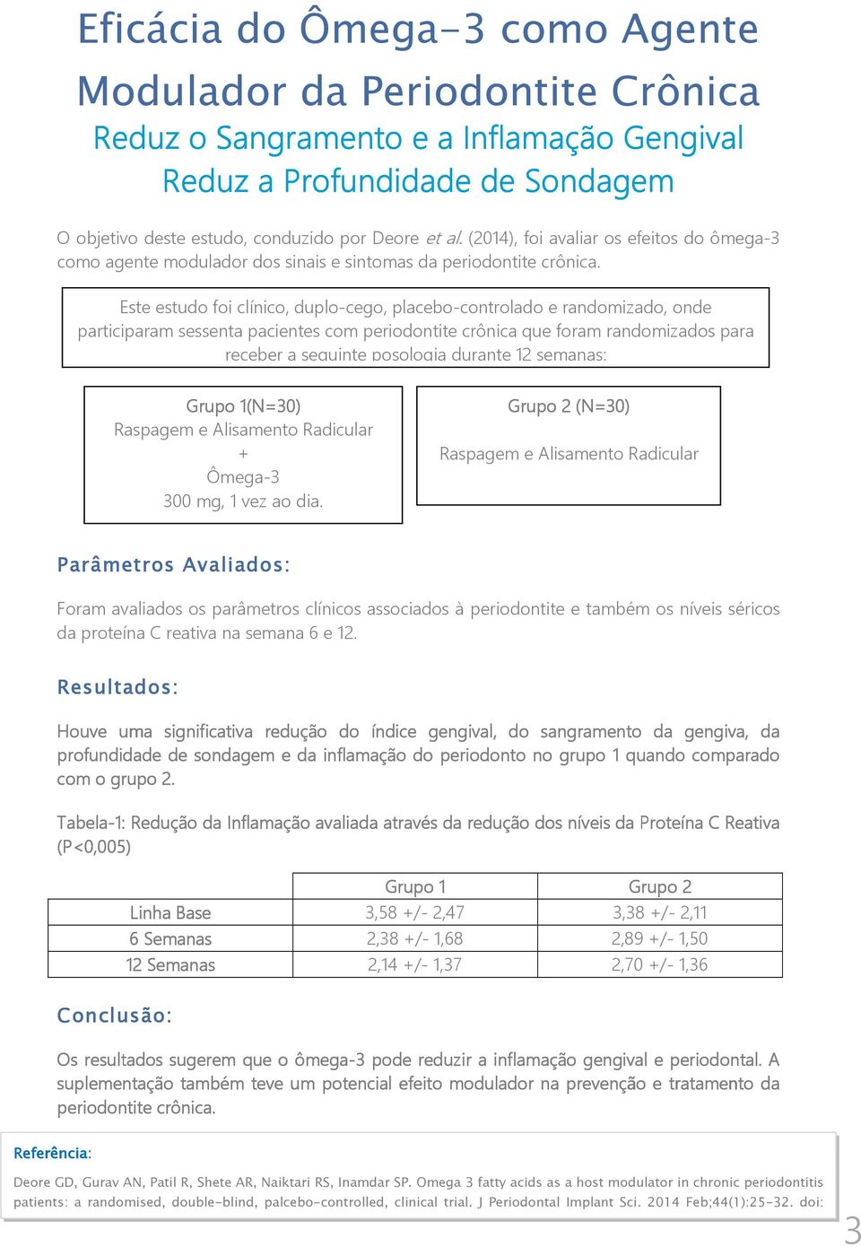 Este estudo foi clínico, duplo-cego, placebo-controlado e randomizado, onde participaram sessenta pacientes com periodontite crônica que foram randomizados para receber a seguinte posologia durante