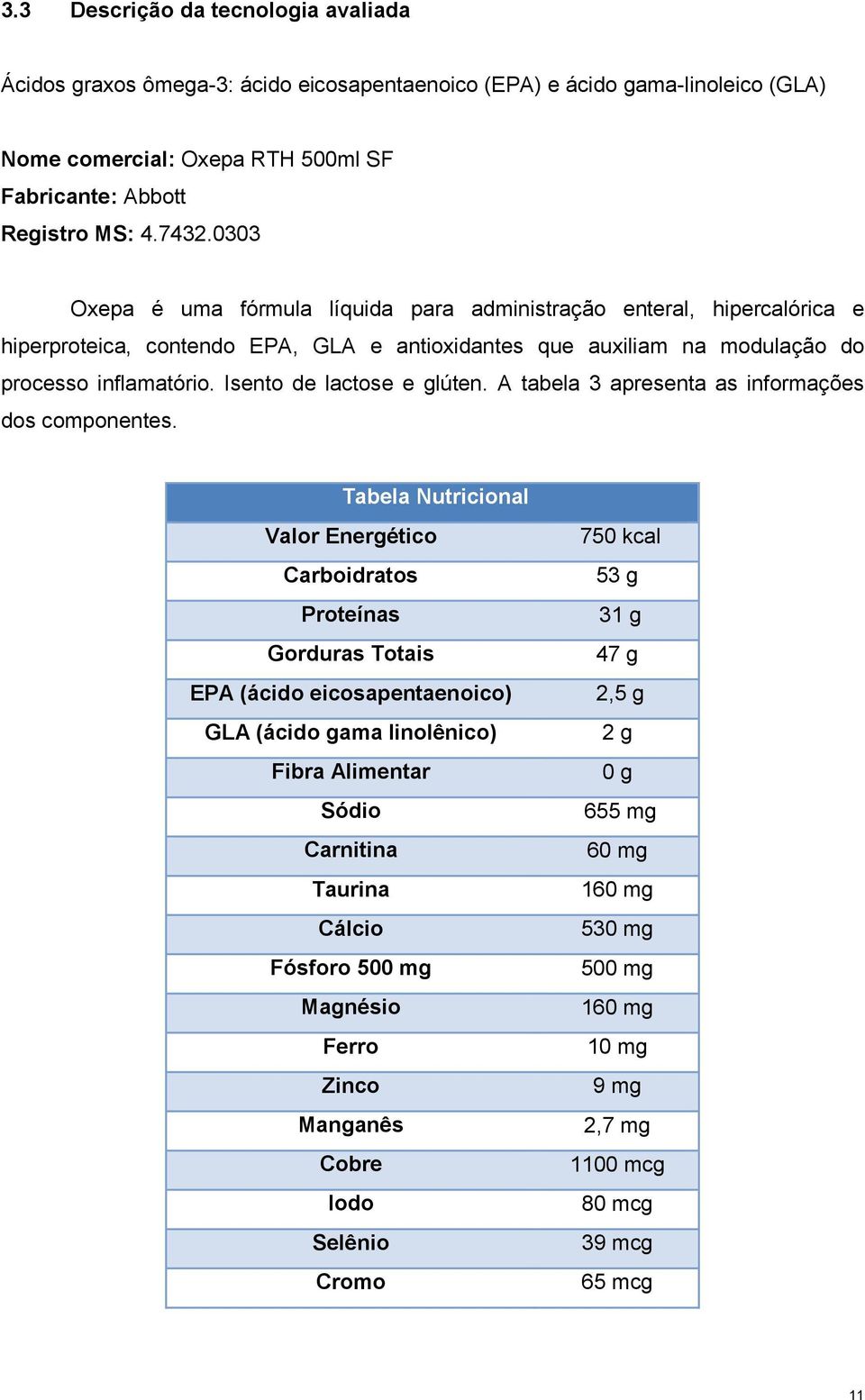 Isento de lactose e glúten. A tabela 3 apresenta as informações dos componentes.