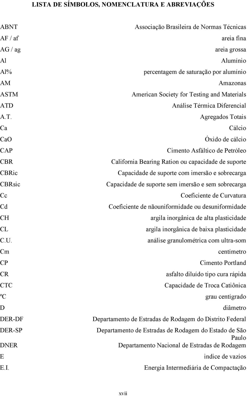 capacidade de suporte CBRic Capacidade de suporte com imersão e sobrecarga CBRsic Capacidade de suporte sem imersão e sem sobrecarga Cc Coeficiente de Curvatura Cd Coeficiente de nãouniformidade ou