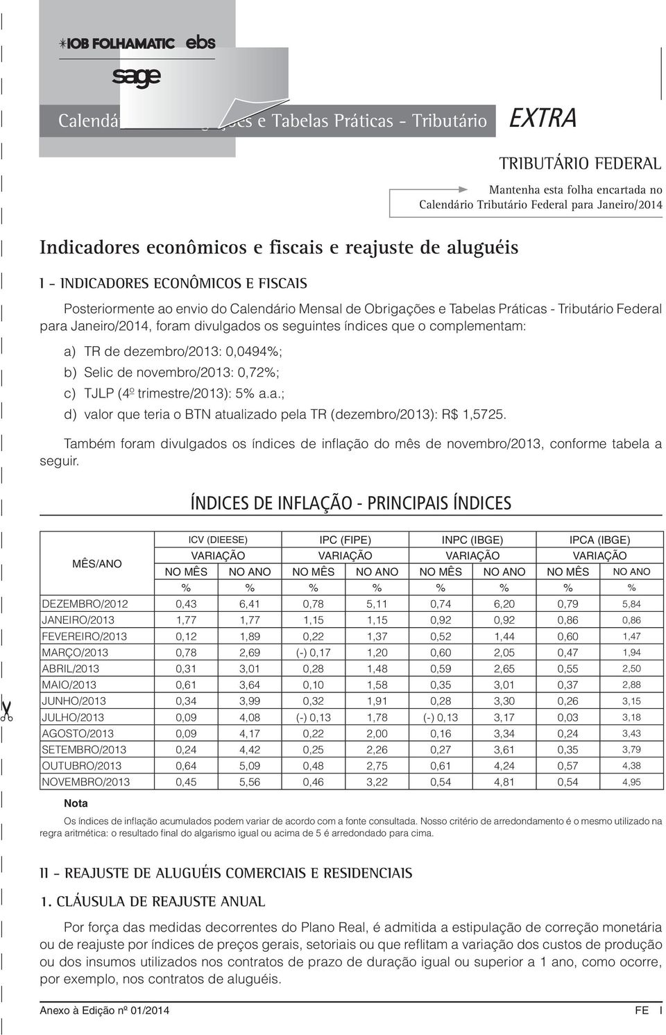 seguintes índices que o complementam: a) TR de dezembro/2013: 0,0494%; b) Selic de novembro/2013: 0,72%; c) TJLP (4º trimestre/2013): 5% a.a.; d) valor que teria o BTN atualizado pela TR (dezembro/2013): R$ 1,5725.