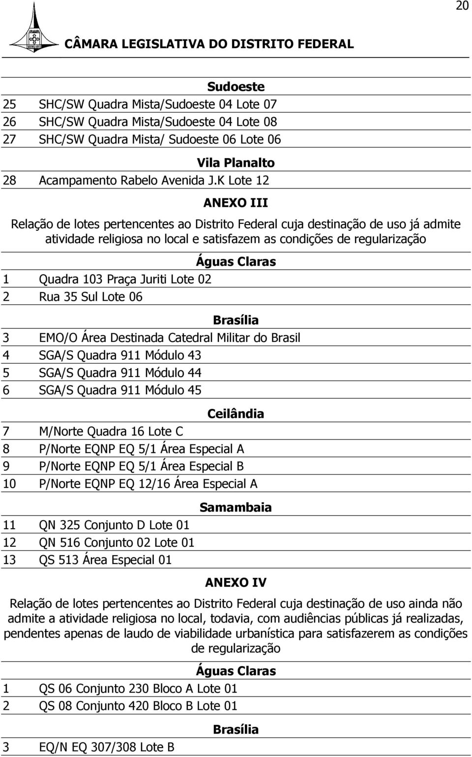 103 Praça Juriti Lote 02 2 Rua 35 Sul Lote 06 Brasília 3 EMO/O Área Destinada Catedral Militar do Brasil 4 SGA/S Quadra 911 Módulo 43 5 SGA/S Quadra 911 Módulo 44 6 SGA/S Quadra 911 Módulo 45