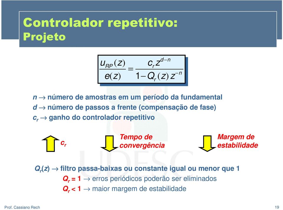 repetitivo r n c r Tempo de convergência Margem de estabilidade Q r (z) filtro passa-baixas ou