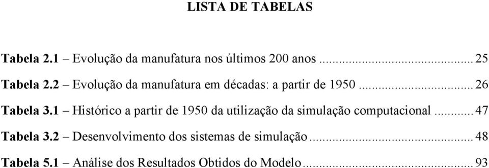 1 Histórico a partir de 1950 da utilização da simulação computacional... 47 Tabela 3.