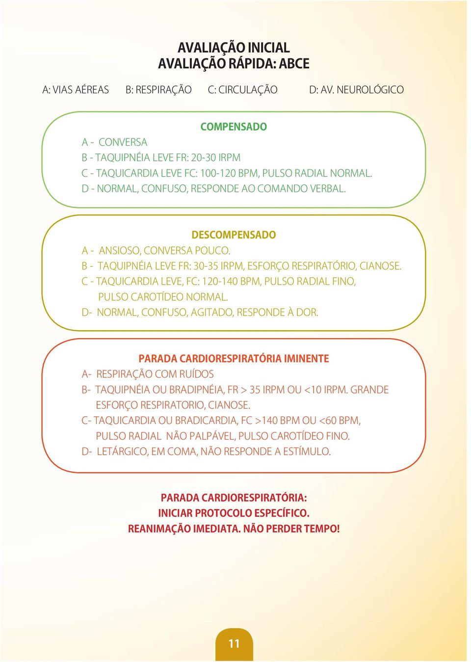 DESCOMPENSADO A - ANSIOSO, CONVERSA POUCO. B - TAQUIPNÉIA LEVE FR: 30-35 IRPM, ESFORÇO RESPIRATÓRIO, CIANOSE. C - TAQUICARDIA LEVE, FC: 120-140 BPM, PULSO RADIAL FINO, PULSO CAROTÍDEO NORMAL.