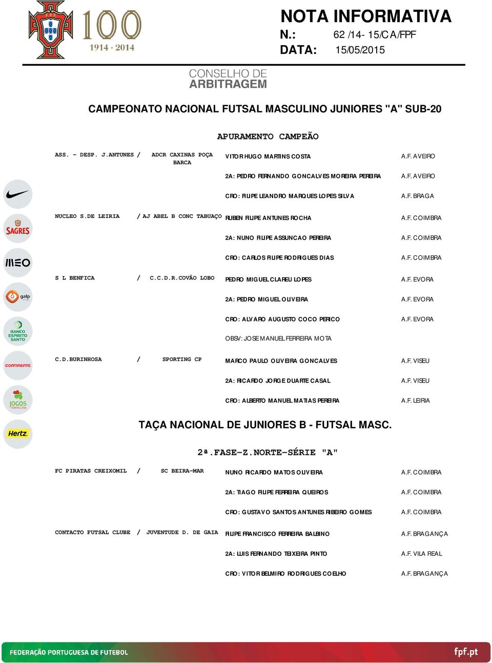 ANTUNES ADCR CAXINAS POÇA BARCA VITOR HUGO MARTINS COSTA 2A: PEDRO FERNANDO GONCALVES MOREIRA PEREIRA CRO: FILIPE LEANDRO MARQUES LOPES SILVA NUCLEO S.