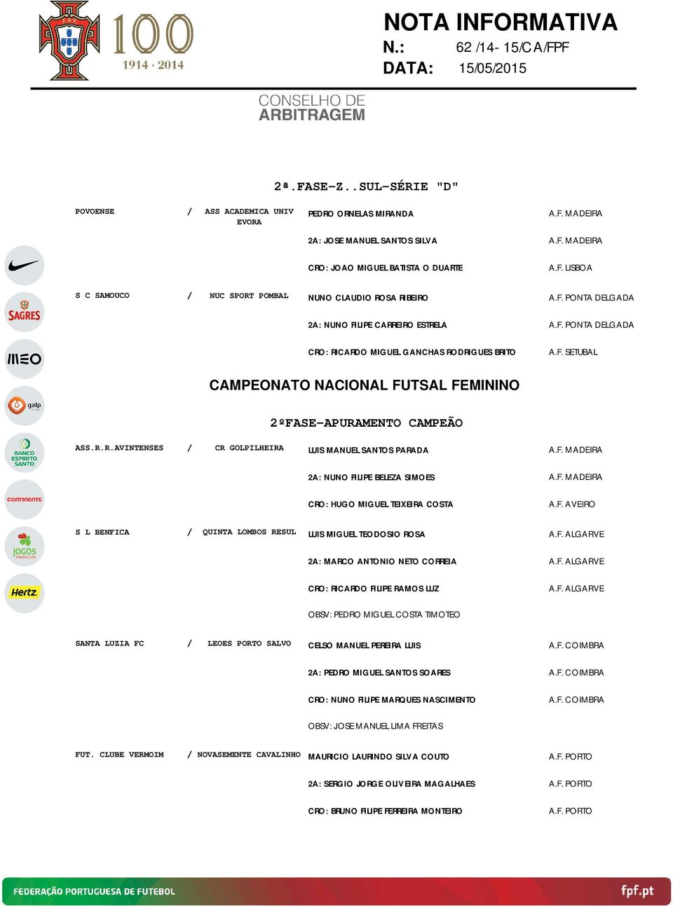 SPORT POMBAL NUNO CLAUDIO ROSA RIBEIRO 2A: NUNO FILIPE CARREIRO ESTRELA CRO: RICARDO MIGUEL GANCHAS RODRIGUES BRITO CAMPEONATO NACIONAL FUTSAL FEMININO 2ºFASE-APURAMENTO CAMPEÃO ASS.R.R.AVINTENSES CR GOLPILHEIRA LUIS MANUEL SANTOS PARADA A.