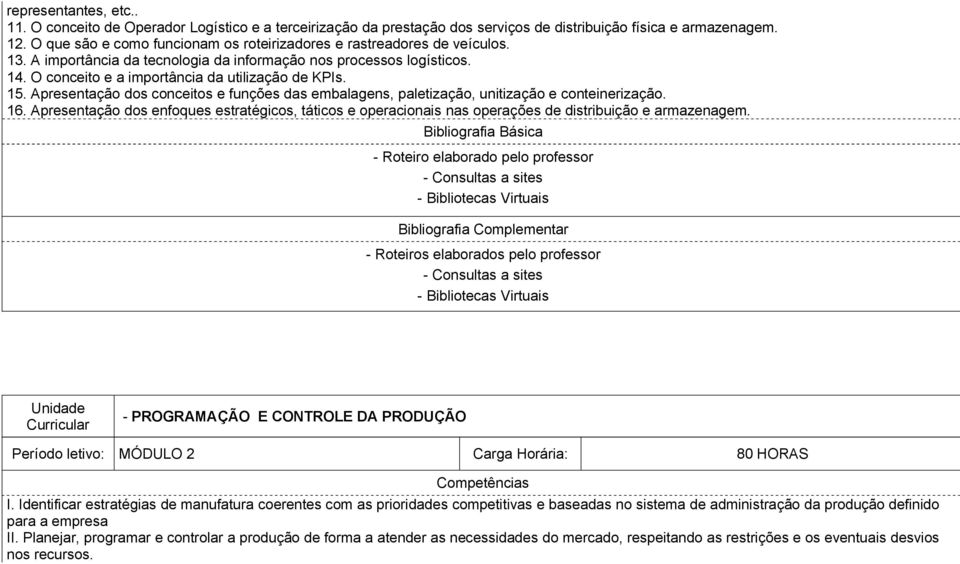 15. Apresentação dos conceitos e funções das embalagens, paletização, unitização e conteinerização. 16.