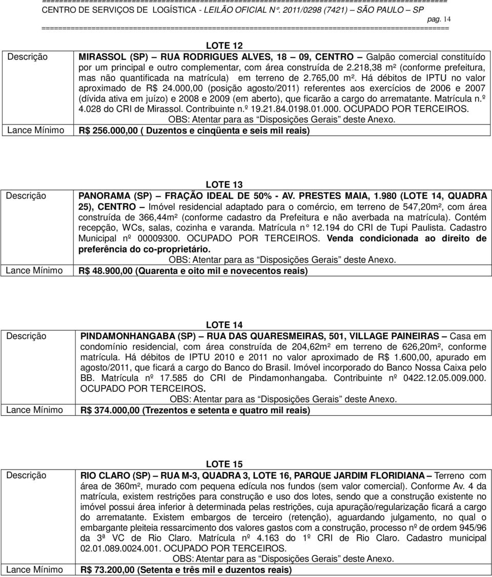 000,00 (posição agosto/2011) referentes aos exercícios de 2006 e 2007 (dívida ativa em juízo) e 2008 e 2009 (em aberto), que ficarão a cargo do arrematante. Matrícula n.º 4.028 do CRI de Mirassol.