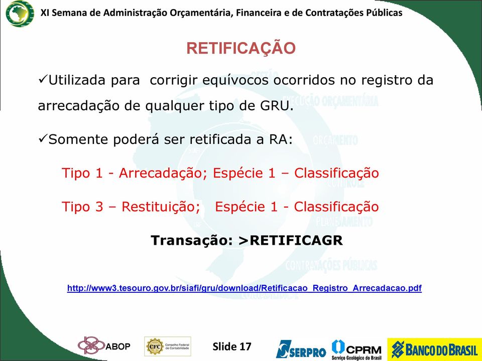 Somente poderá ser retificada a RA: Tipo 1 - Arrecadação; Espécie 1 Classificação Tipo 3