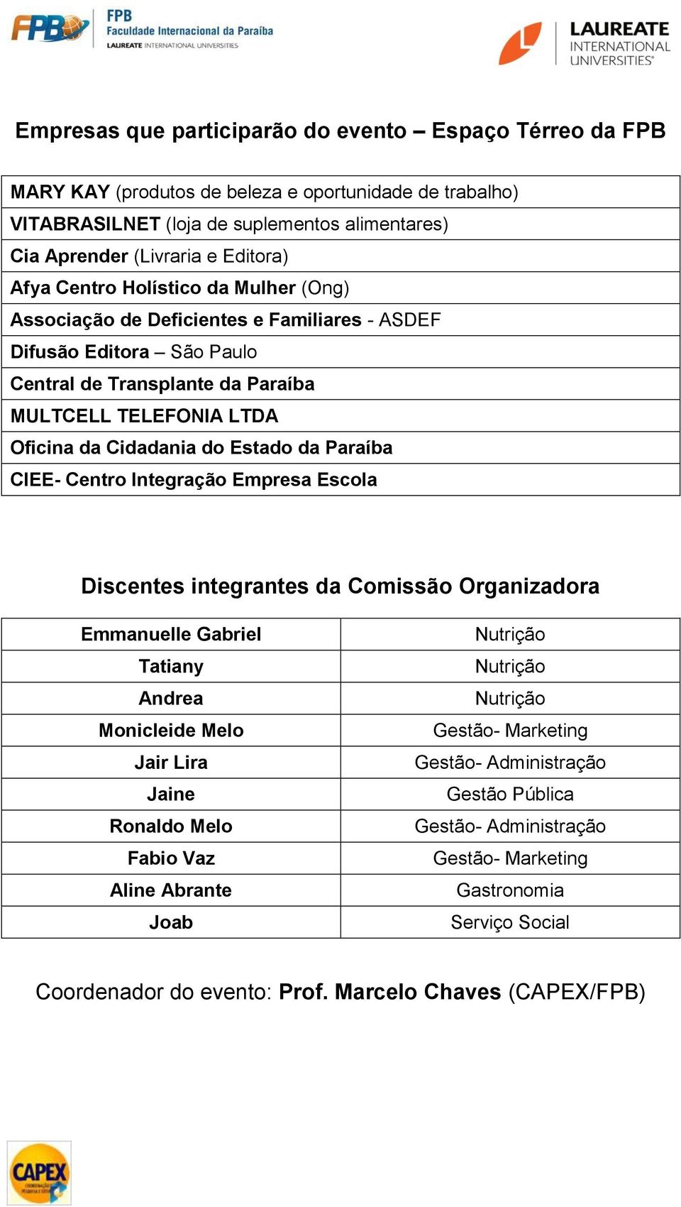 da Paraíba CIEE- Centro Integração Empresa Escola Discentes integrantes da Comissão Organizadora Emmanuelle Gabriel Tatiany Andrea Monicleide Melo Jair Lira Jaine Ronaldo Melo Fabio Vaz Aline Abrante