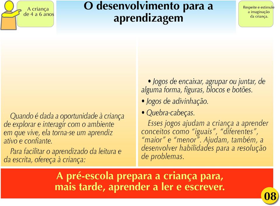 Para facilitar o aprendizado da leitura e da escrita, ofereça à criança: Jogos de encaixar, agrupar ou juntar, de alguma forma, figuras, blocos e botões.