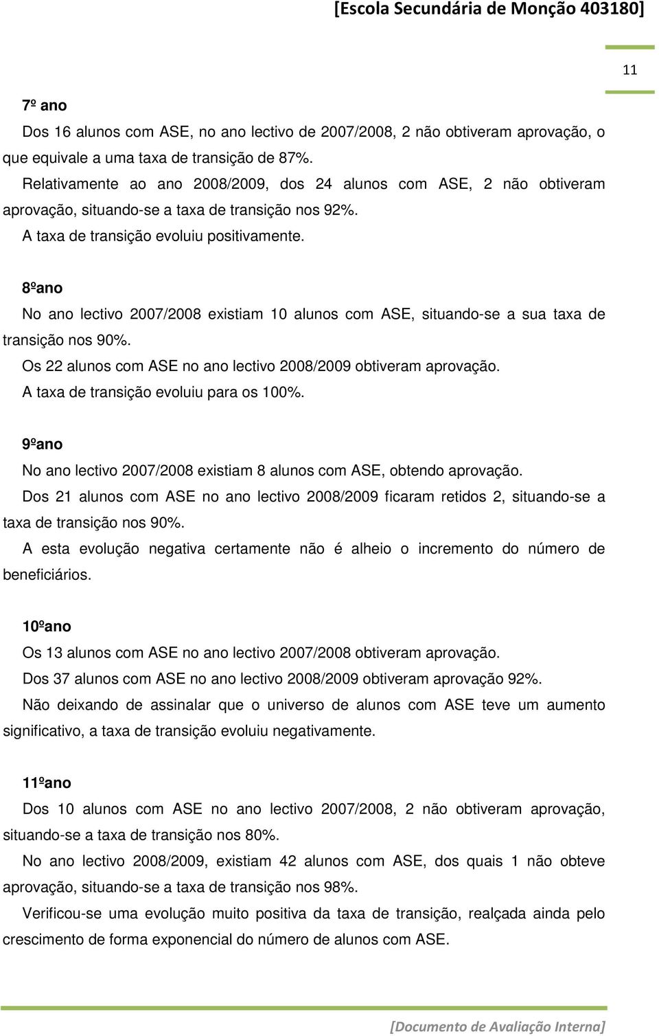 8ºano No ano lectivo 2007/2008 existiam 10 alunos com ASE, situando-se a sua taxa de transição nos 90%. Os 22 alunos com ASE no ano lectivo 2008/2009 obtiveram aprovação.