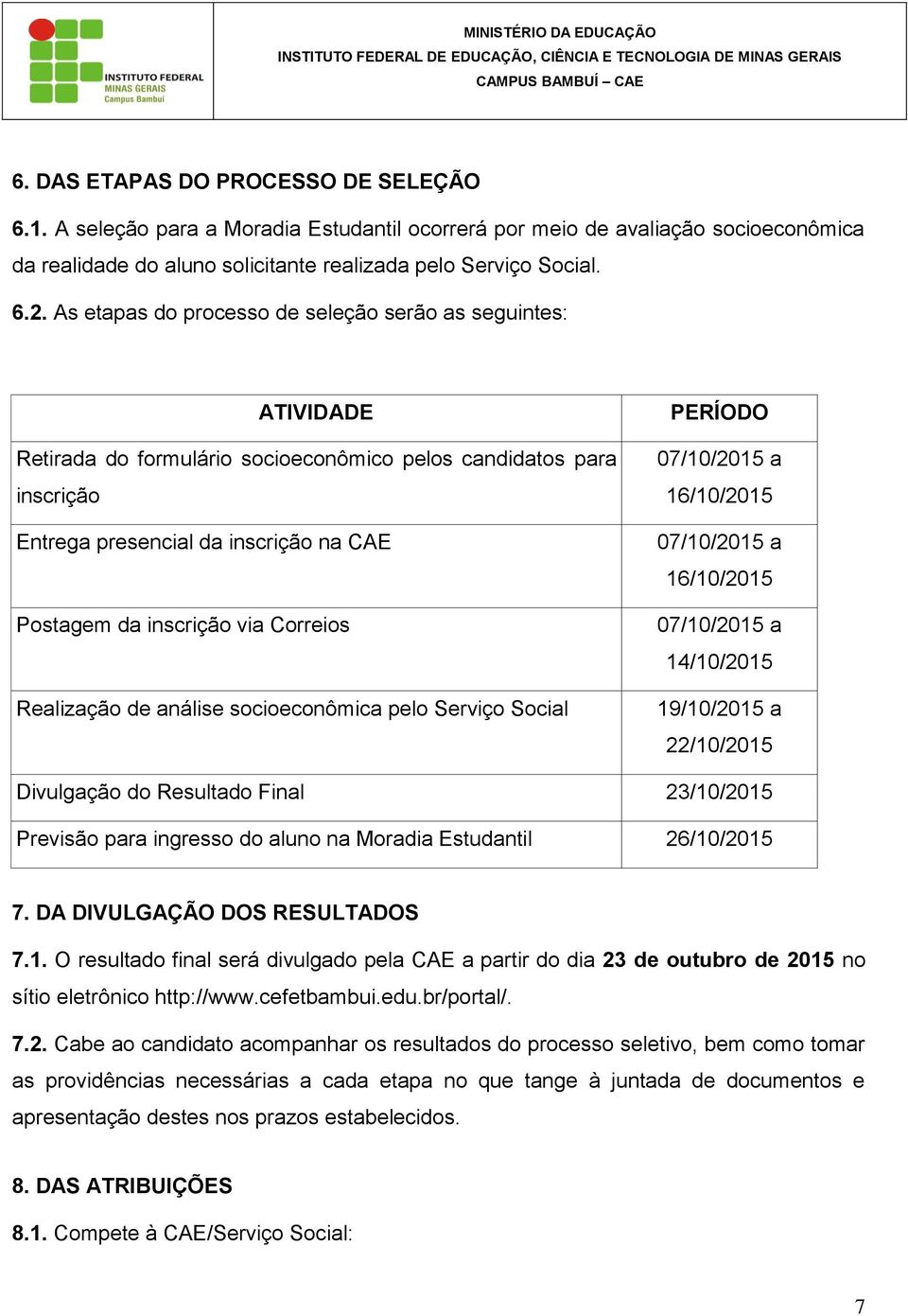 Correios Realização de análise socioeconômica pelo Serviço Social PERÍODO 07/10/2015 a 16/10/2015 07/10/2015 a 16/10/2015 07/10/2015 a 14/10/2015 19/10/2015 a 22/10/2015 Divulgação do Resultado Final