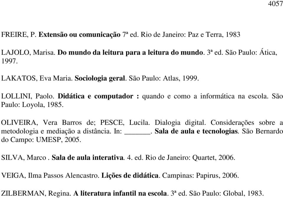 OLIVEIRA, Vera Barros de; PESCE, Lucila. Dialogia digital. Considerações sobre a metodologia e mediação a distância. In:. Sala de aula e tecnologias. São Bernardo do Campo: UMESP, 2005.