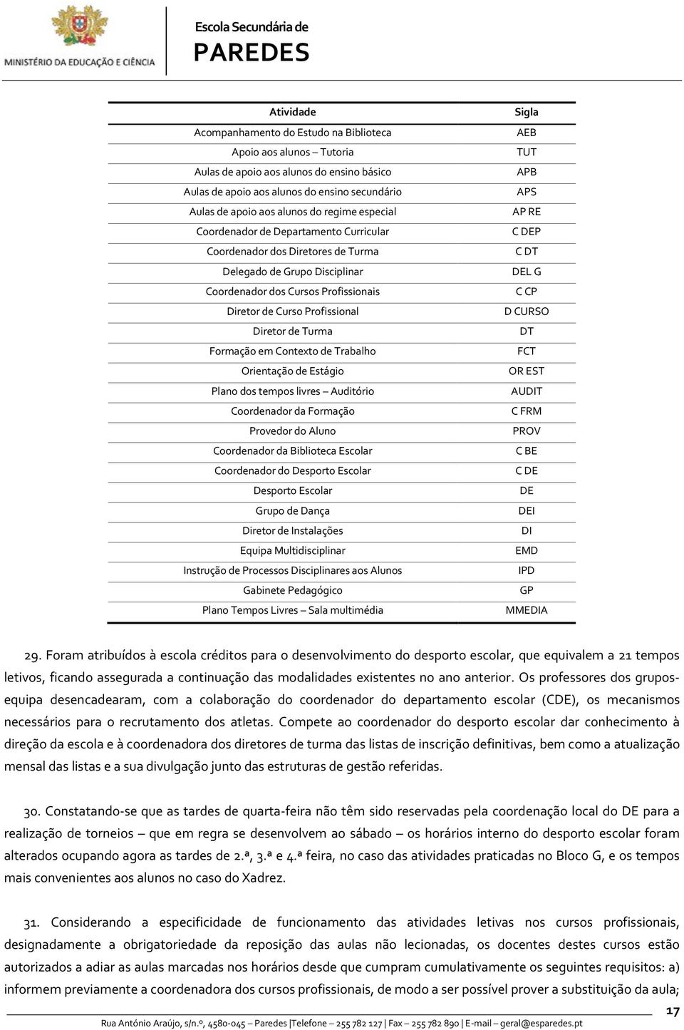 Formação em Contexto de Trabalho Orientação de Estágio Plano dos tempos livres Auditório Coordenador da Formação Provedor do Aluno Coordenador da Biblioteca Escolar Coordenador do Desporto Escolar