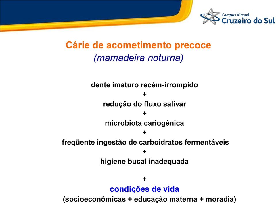 + freqüente ingestão de carboidratos fermentáveis + higiene bucal