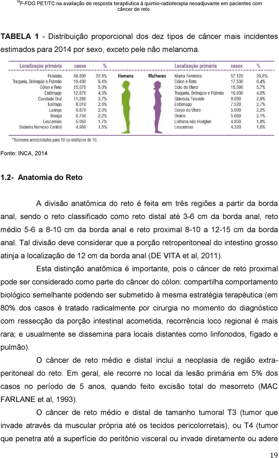 anal e reto proximal 8-10 a 12-15 cm da borda anal. Tal divisão deve considerar que a porção retroperitoneal do intestino grosso atinja a localização de 12 cm da borda anal (DE VITA et al, 2011).