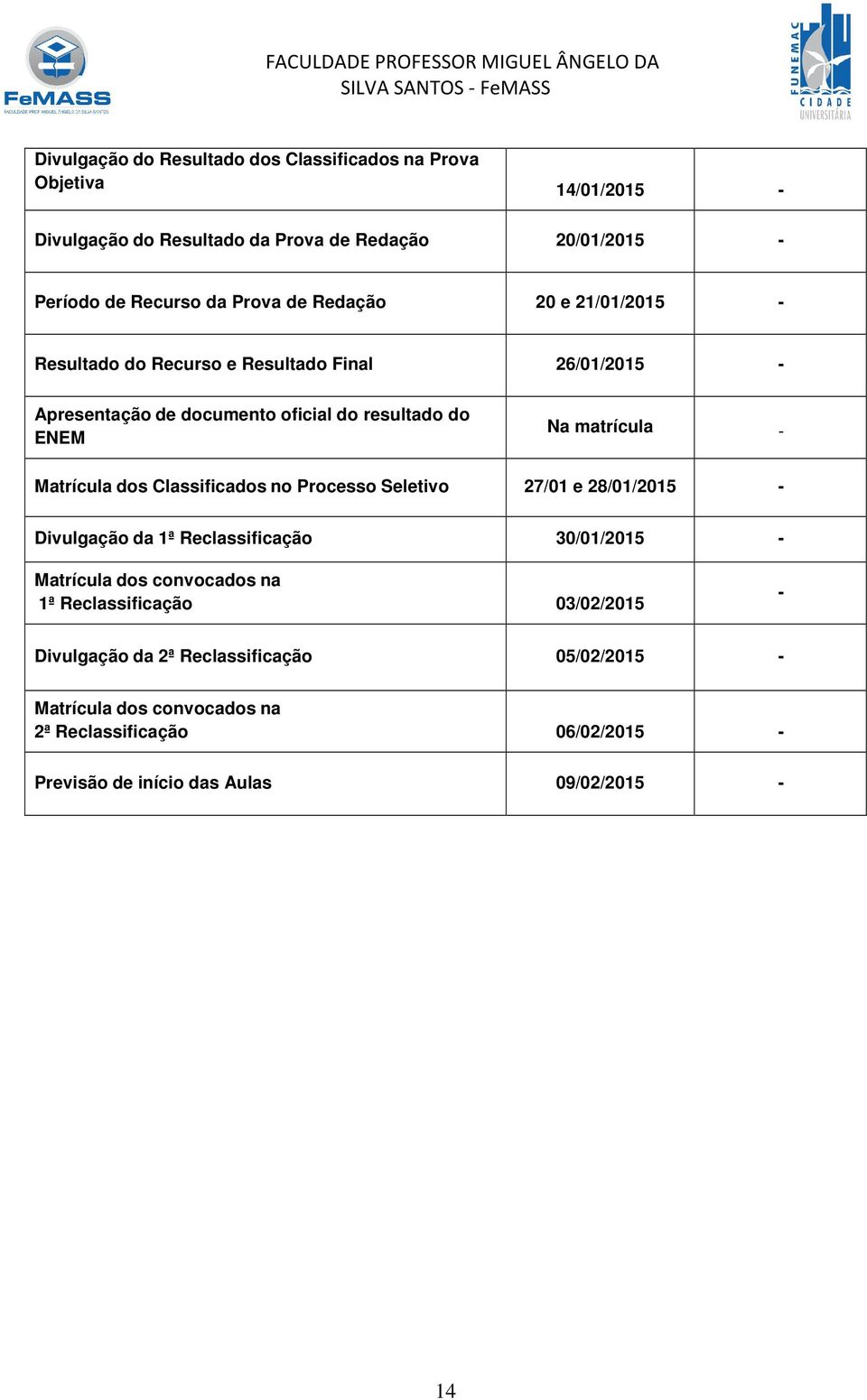 Matrícula dos Classificados no Processo Seletivo 27/01 e 28/01/2015 - Divulgação da 1ª Reclassificação 30/01/2015 - Matrícula dos convocados na 1ª