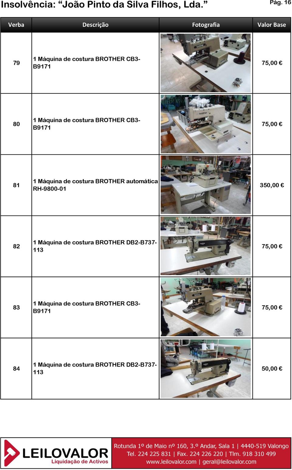 automática 81 350,00 RH-9800-01 1 Máquina de costura BROTHER DB2-B737-82 75,00 113 1