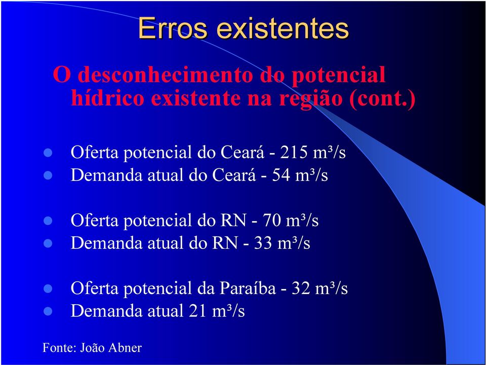 m³/s Oferta potencial do RN - 70 m³/s Demanda atual do RN - 33 m³/s