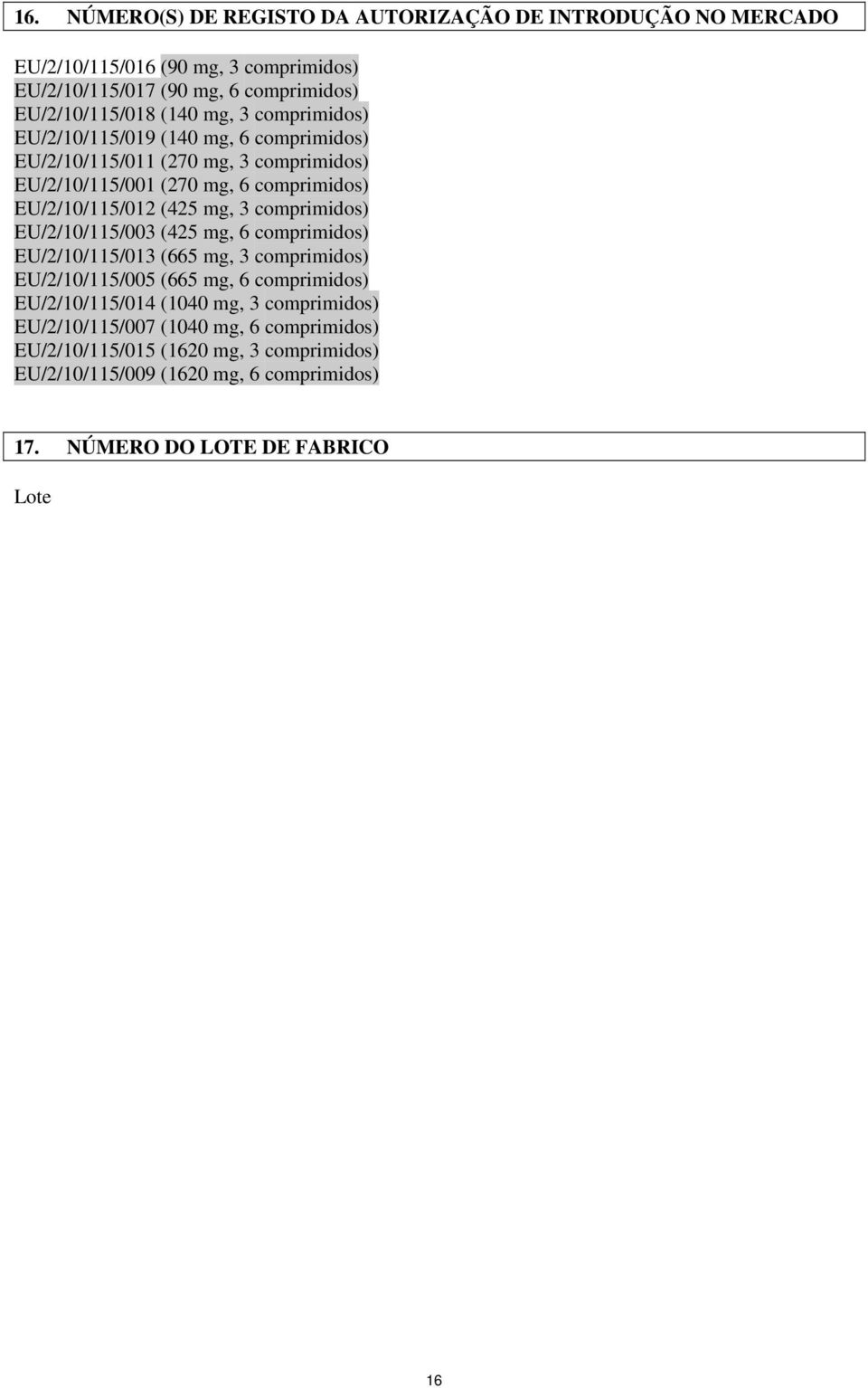 comprimidos) EU/2/10/115/003 (425 mg, 6 comprimidos) EU/2/10/115/013 (665 mg, 3 comprimidos) EU/2/10/115/005 (665 mg, 6 comprimidos) EU/2/10/115/014 (1040 mg, 3