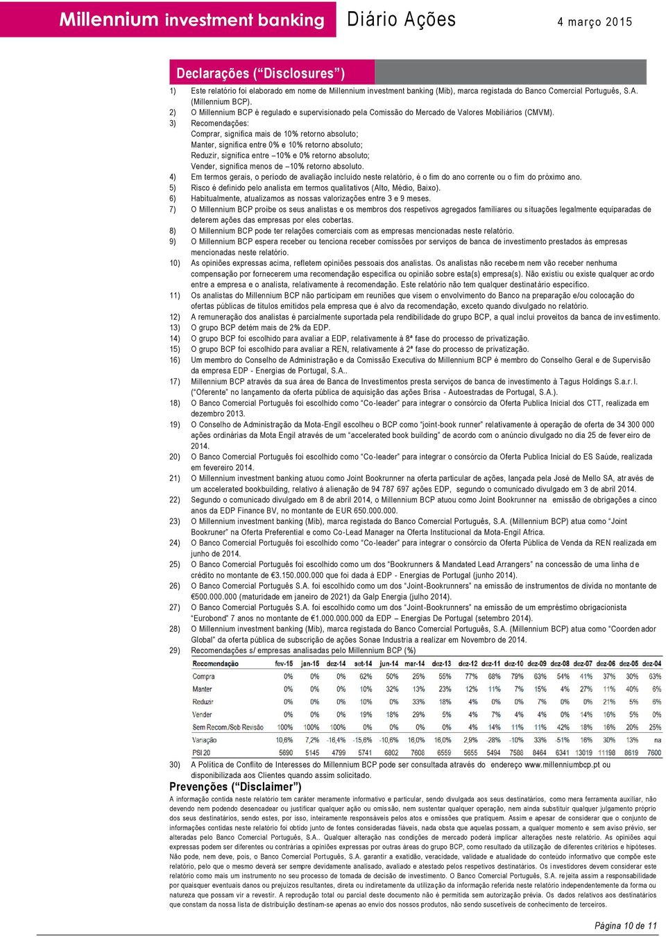 3) Recomendações: Comprar, significa mais de 10% retorno absoluto; Manter, significa entre 0% e 10% retorno absoluto; Reduzir, significa entre 10% e 0% retorno absoluto; Vender, significa menos de